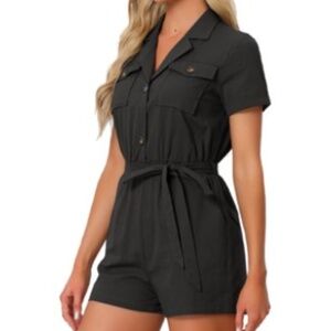 SHEIN Women's Washed Black Button Up Tie Waist Short Sleeve Romper, size Large